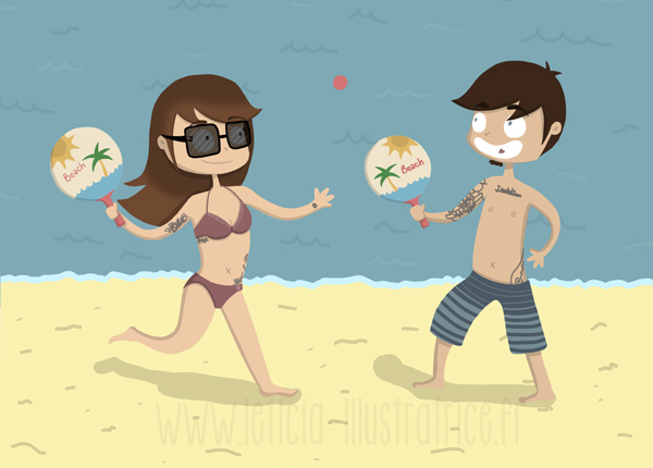 vacances, plage, soleil, beach raquette, personnes sur la plage, mer, couple, amoureux, l'homme, illustratrice freelance, leticia, leticia illustratrice