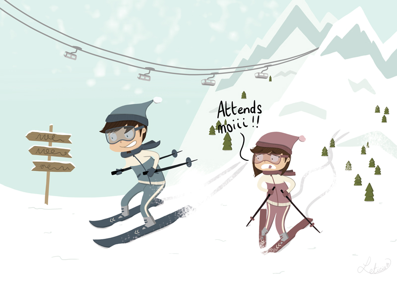 ski, peur du ski, chasse la neige, vacances à la montagne, couple au ski, leticia illustratrice, illustratrice freelance, freelance lille